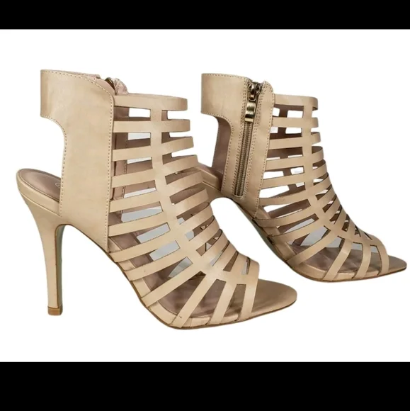 Nude Tan Beige Cutout Strappy Heels Women Size 7.5 Open Toe Shoes Side Zipper - Picture 3 of 11